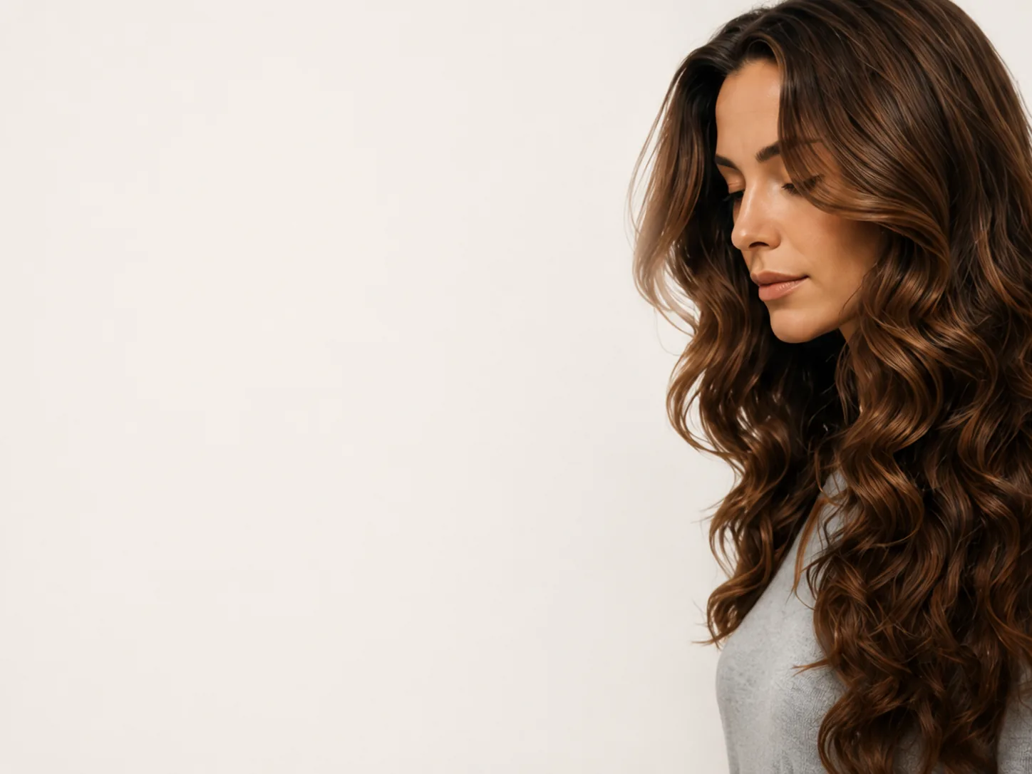 Mujer de perfil con el pelo largo, ondulado y denso, sobre fondo claro.