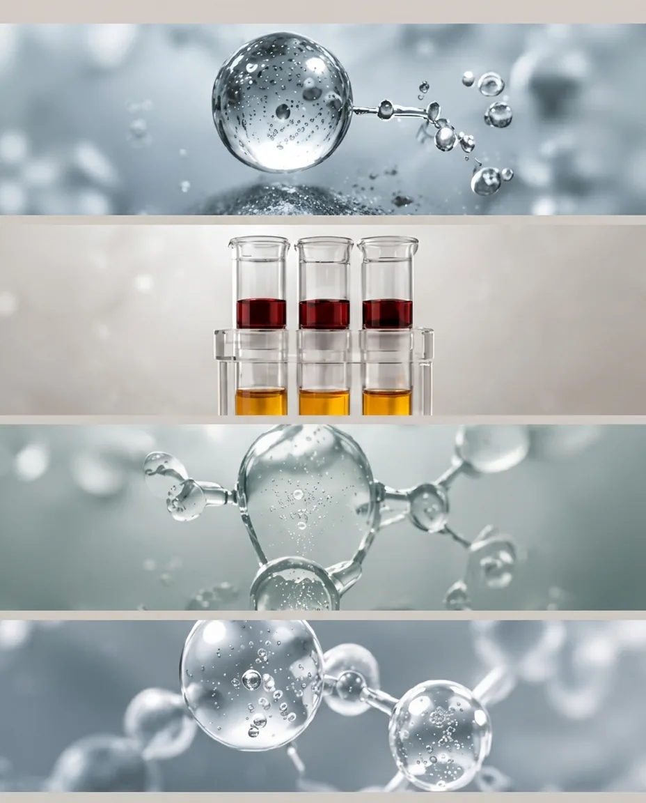 Composición de laboratorio: tubos de ensayo con muestras y representaciones de estructuras moleculares.