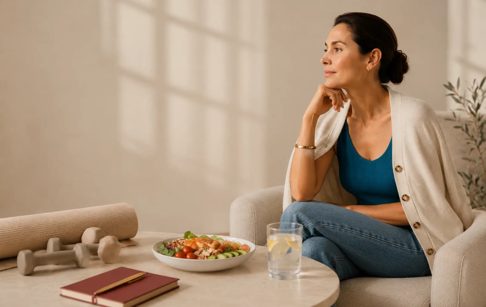 Mujer sentada en un sofá, pensativa, junto a un plato de ensalada y un vaso de agua.