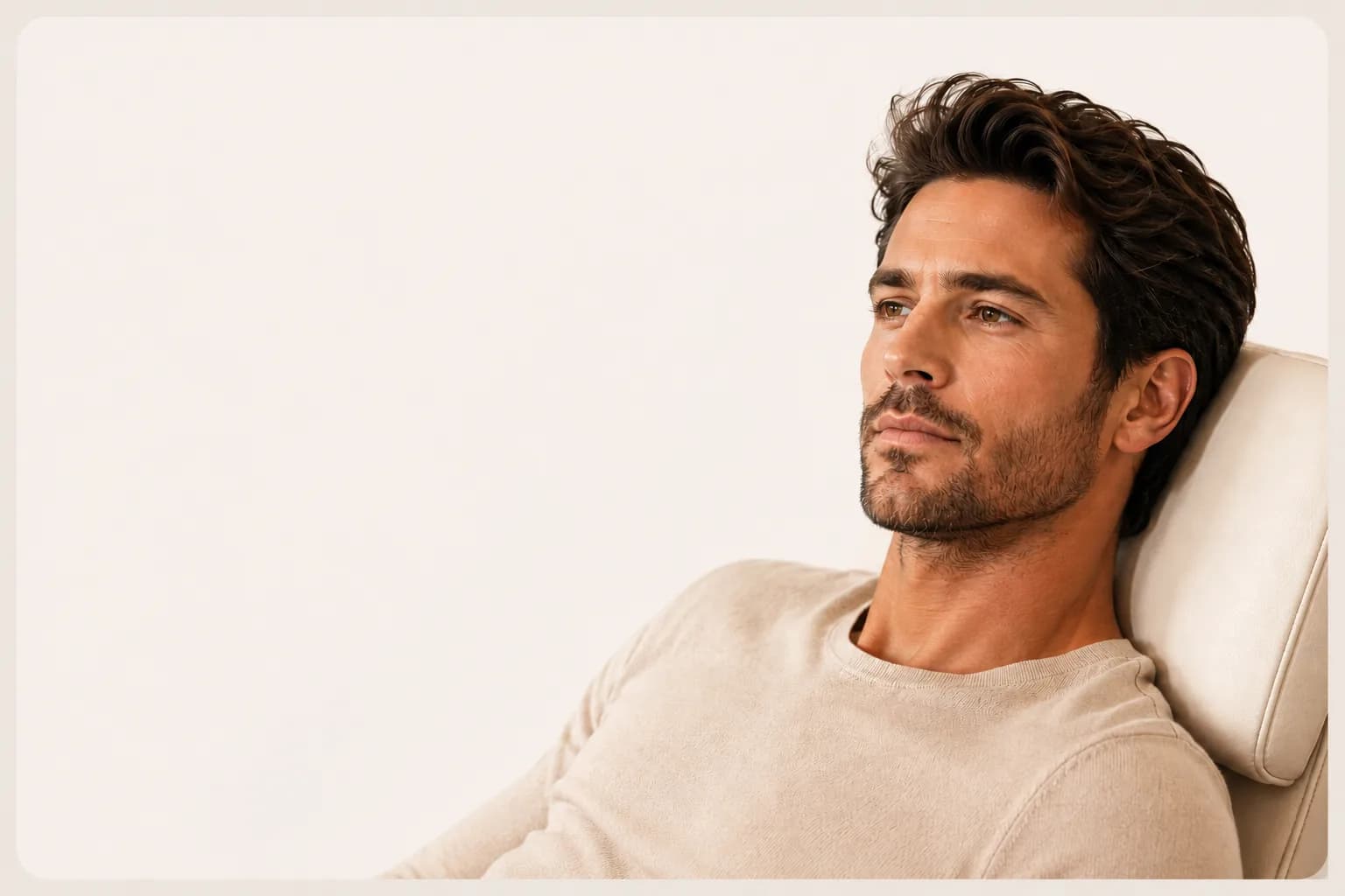 Hombre recostado en un sillón claro, con barba corta y el pelo abundante.